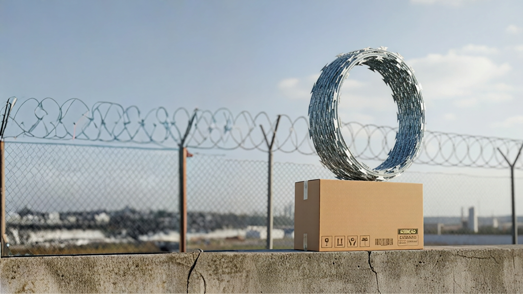 Concertina de segurança instalada sobre muro, com caixa de produto TOP Concertinas